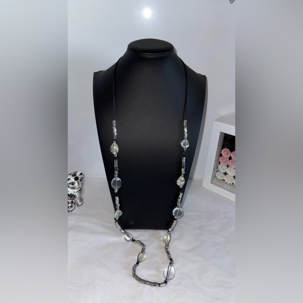 Chico’s Black Cord Long Statement Necklace with Silver-Tone Accents